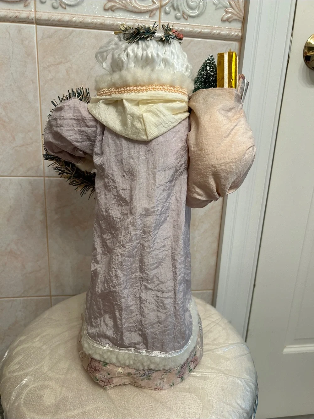 Classic Pink and Cream Santa Holiday Figure with Wreath
